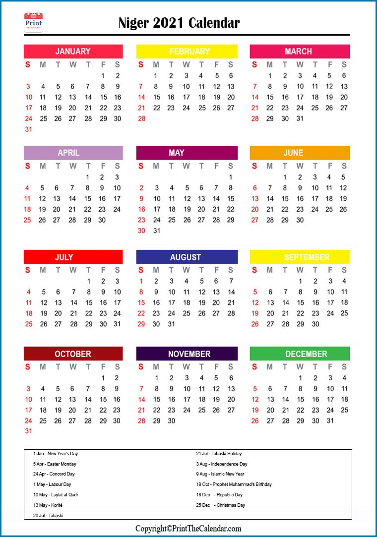 Niger Printable Calendar 2021